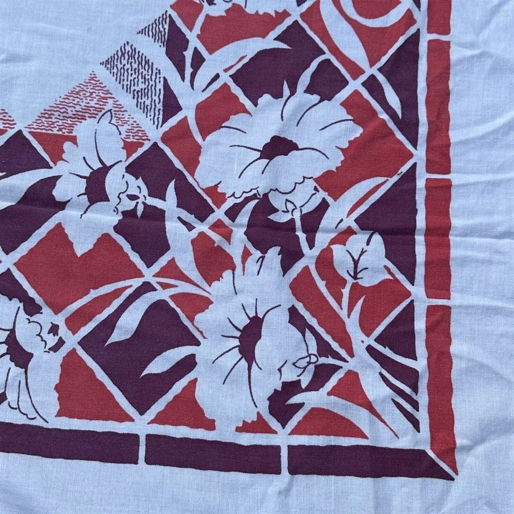 Vintage Tablecloth Tropical Flowers Purple Pink Farmhouse Square